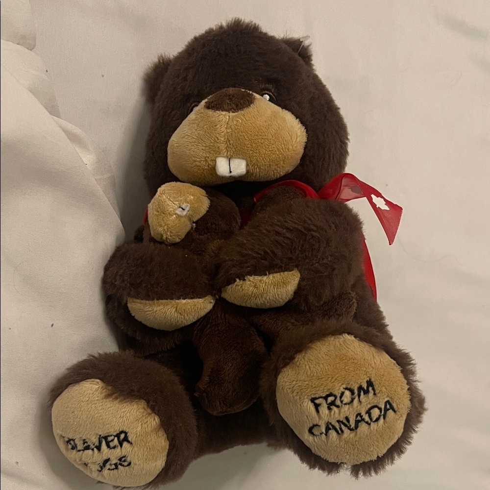 Brown Plush Beaver Teddy Bear Toy with Red Ribbon